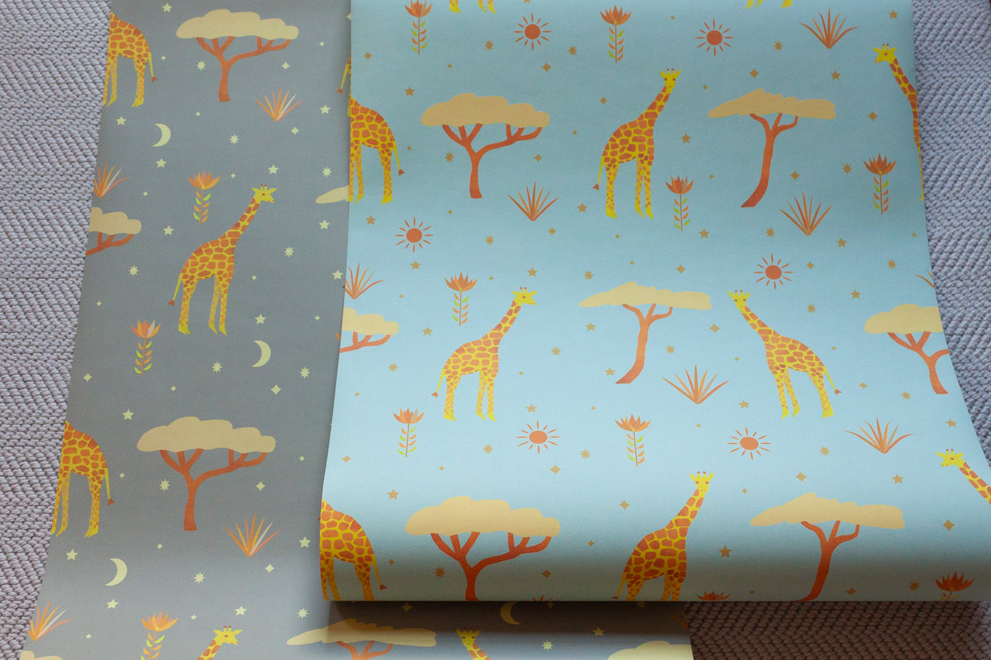 Safari-themed wallpaper featuring giraffes