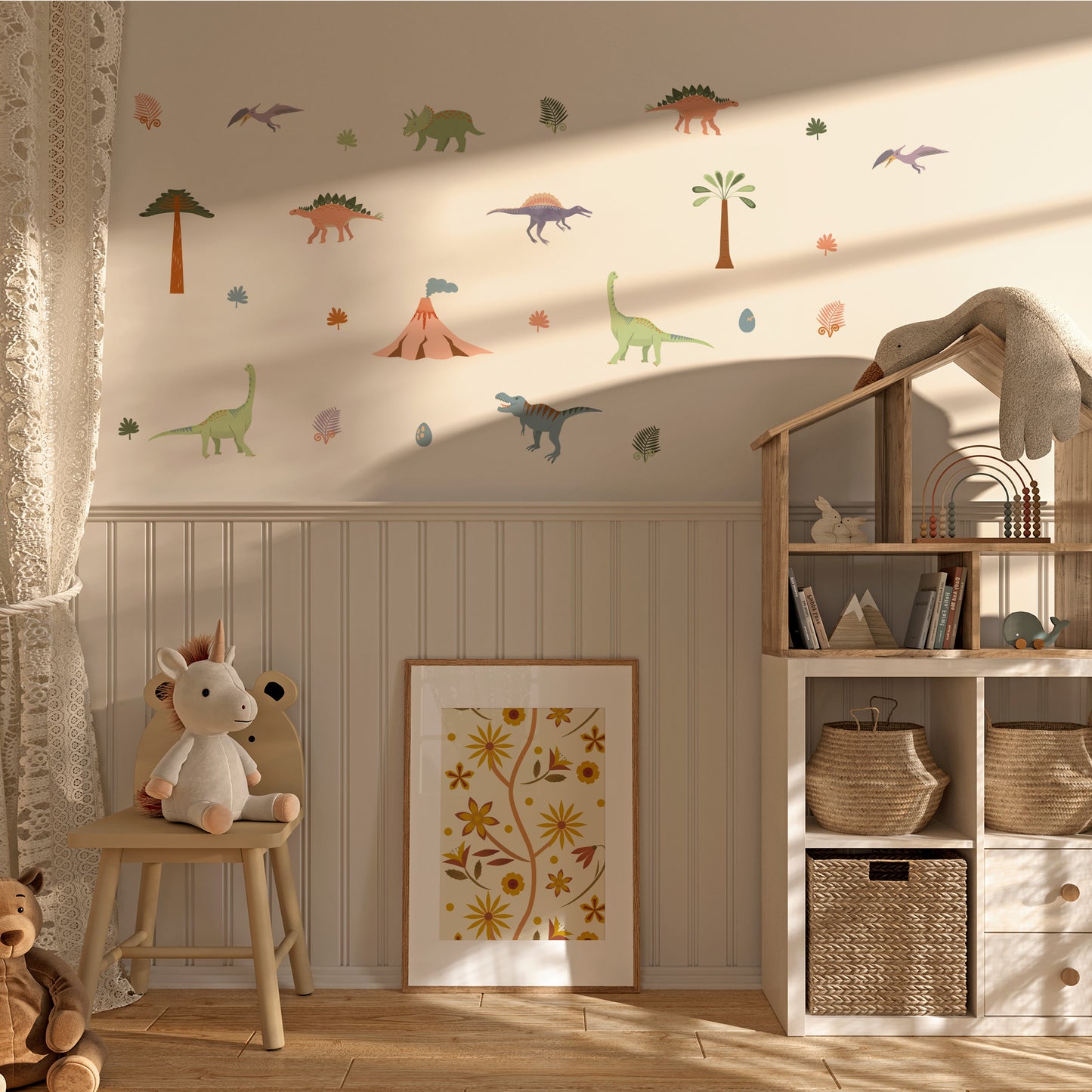 Eco-friendly dino wall decals in soft, earthy colours – perfect for rented homes