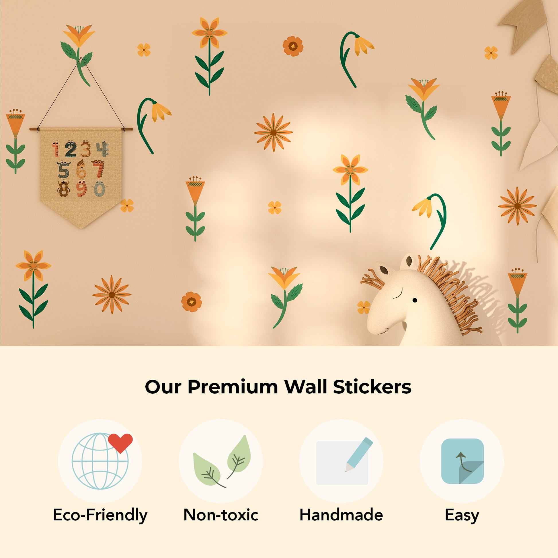 Earth-toned floral wall decals – sustainable and safe for nurseries