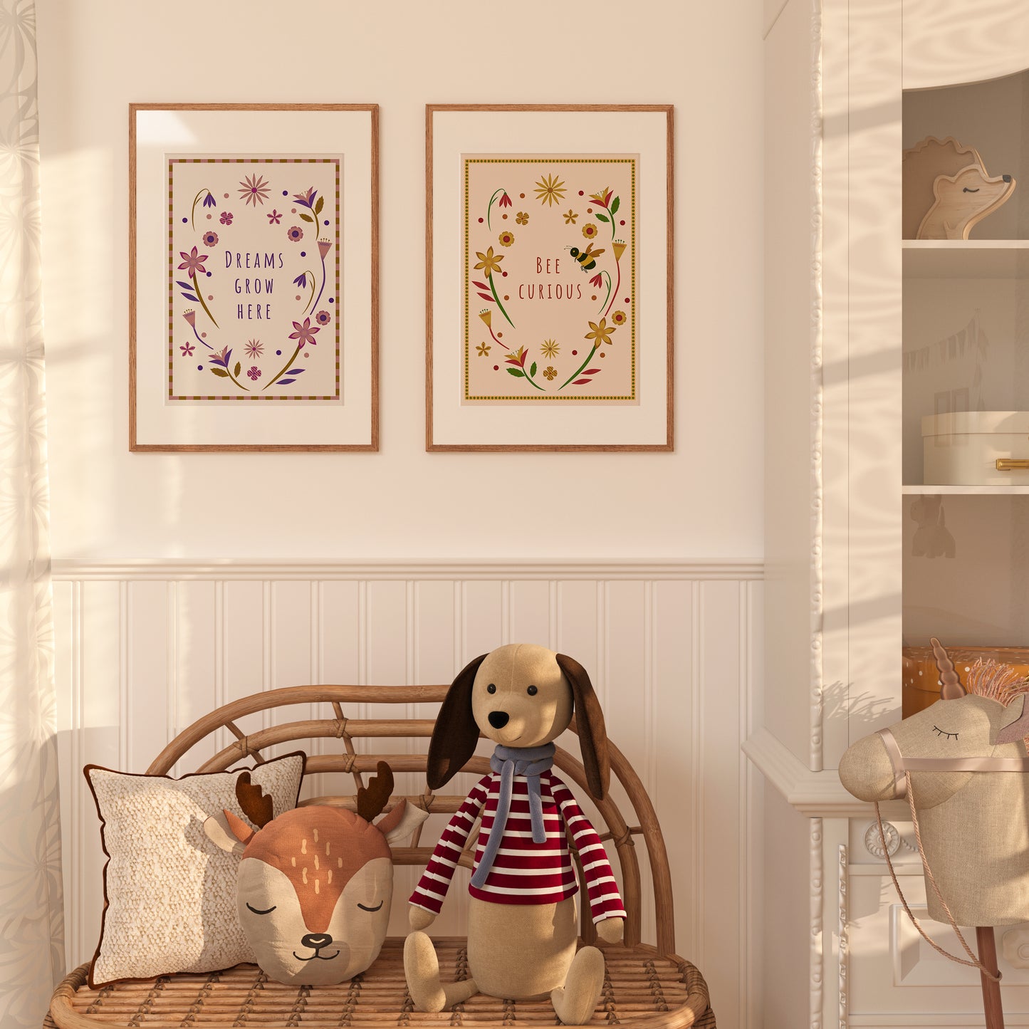 Scandi-Japanese kids’ wall art with gentle colours and non-toxic, sustainable materials.