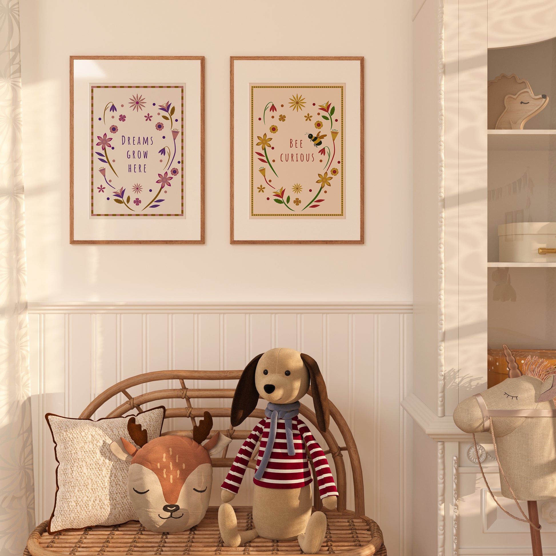 Scandi-Japanese kids’ wall art with gentle colours and non-toxic, sustainable materials.
