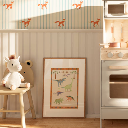 Earth-coloured hand-illustrated dinosaur  print designed for children, safe and eco-conscious.