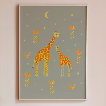 Hand-illustrated Giraffe art print for children, eco-friendly and non-toxic.