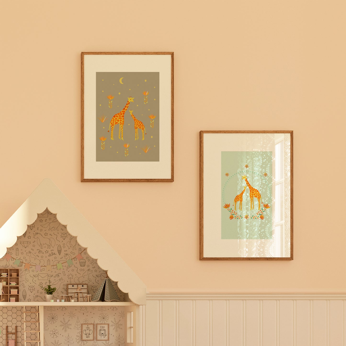 Hand-illustrated Giraffe art print for children, eco-friendly and non-toxic.