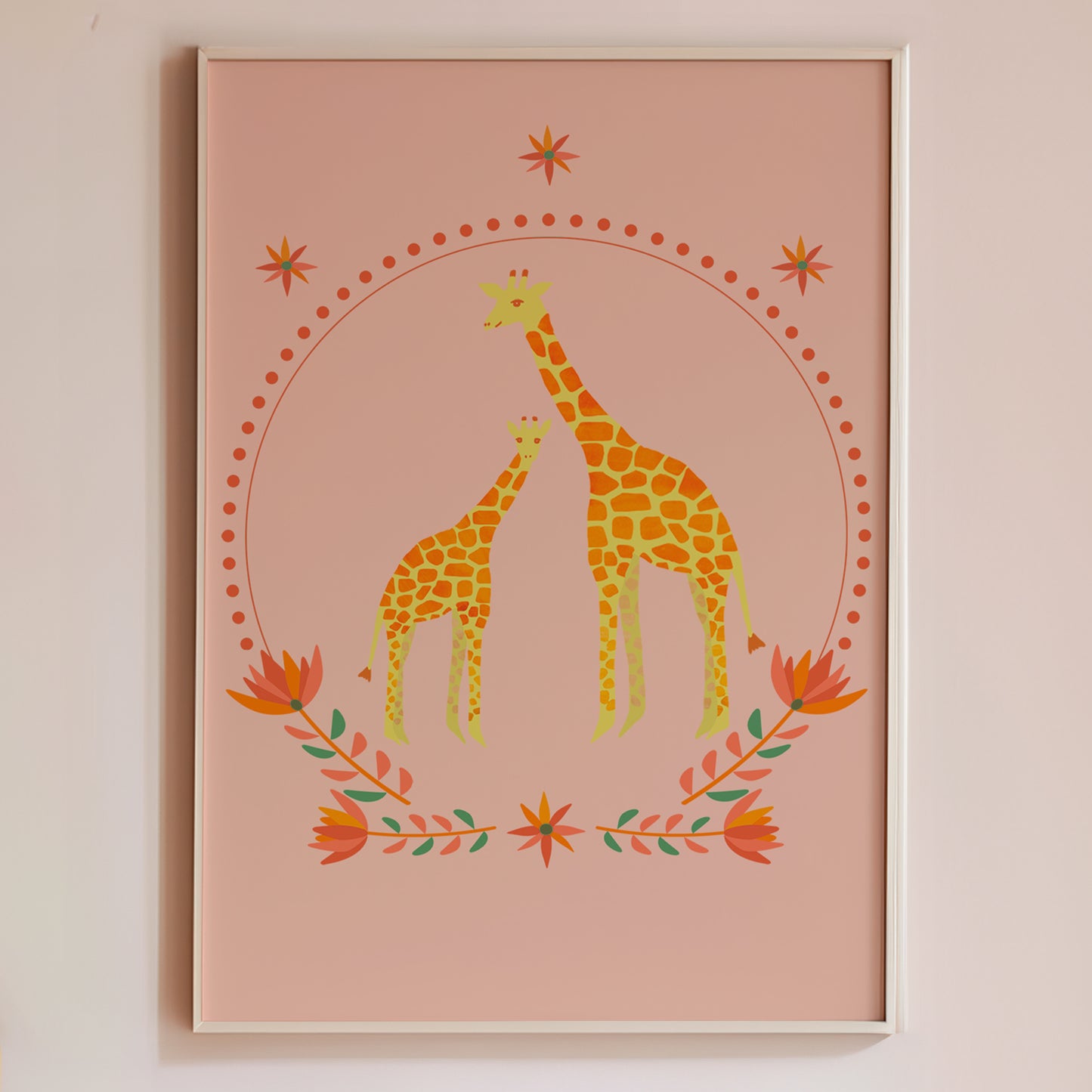 Hand-illustrated Giraffe art print for children, eco-friendly and non-toxic.