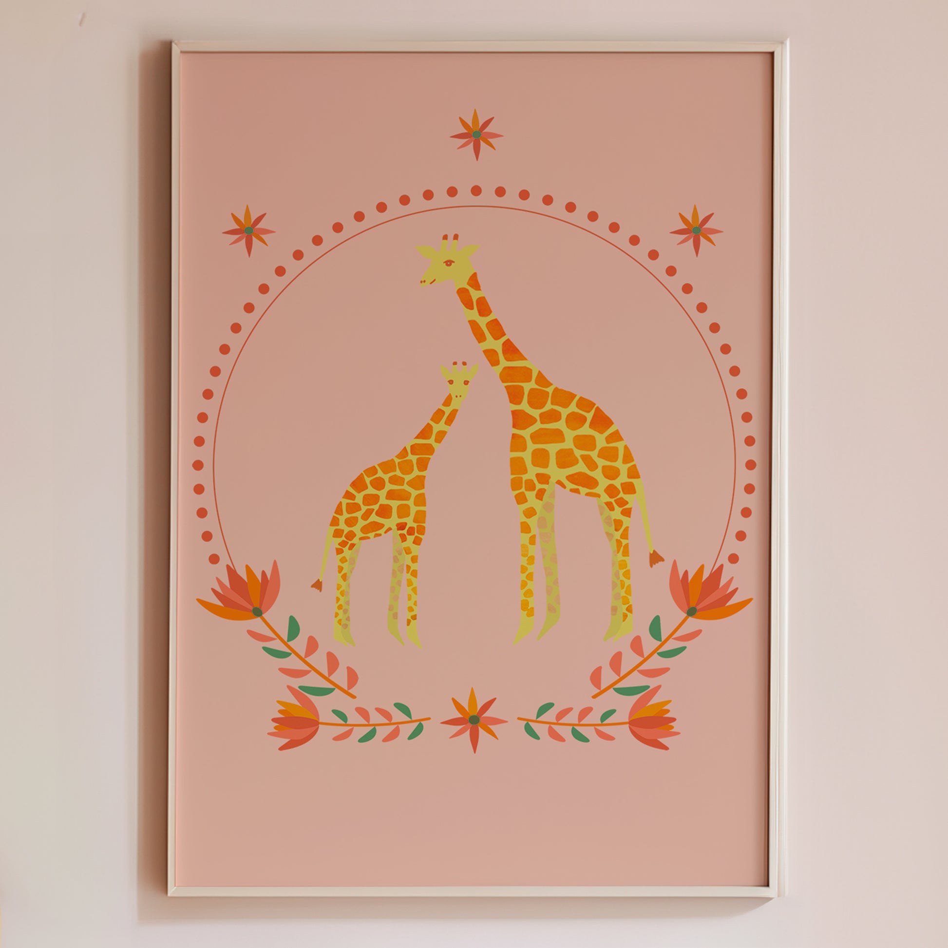 Hand-illustrated Giraffe art print for children, eco-friendly and non-toxic.