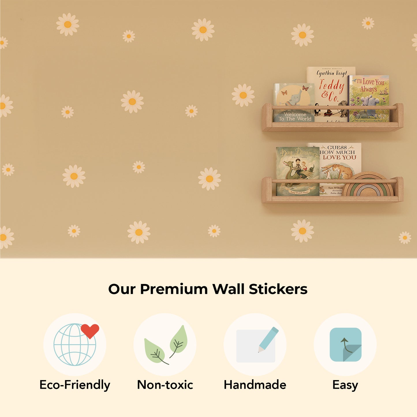 Japandi inspired daisy wall stickers made with eco-friendly non-toxic materials