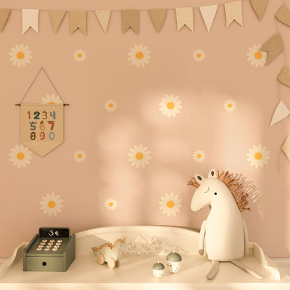 Eco-friendly non-toxic daisy wall stickers in soft Japandi style nursery