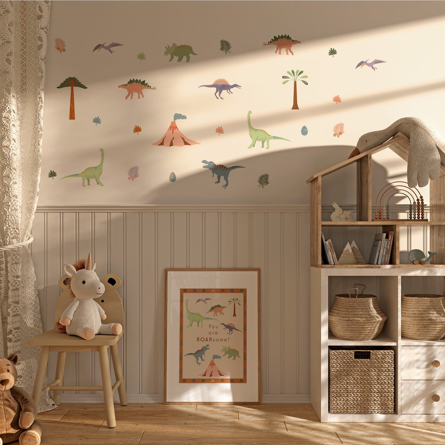 Playful dinosaur wall stickers made with rice paper – non-toxic and safe for children
