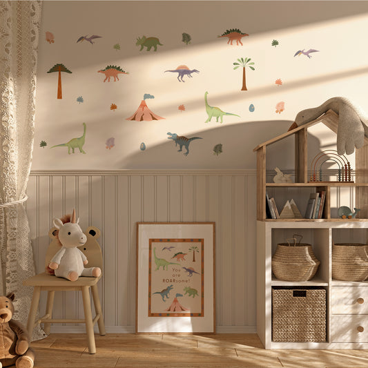 Playful dinosaur wall stickers made with rice paper – non-toxic and safe for children