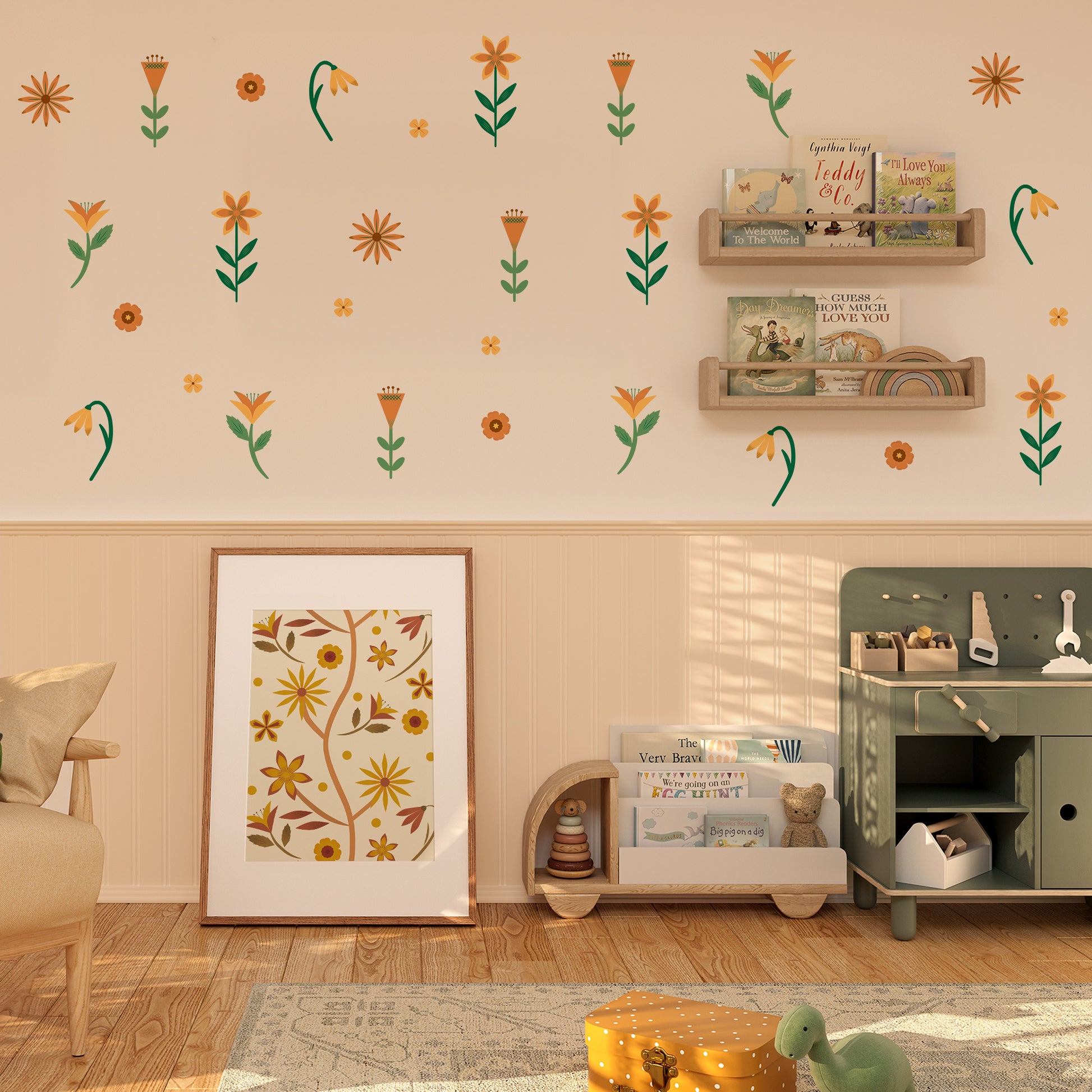 Japandi-inspired soft flower decals  – non-toxic and sustainable