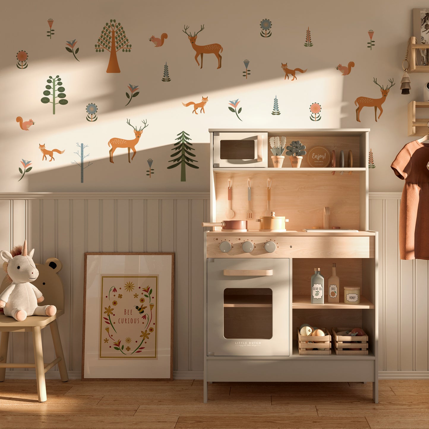 Deer and fox wall stickers in Japandi style – non-toxic and renter-friendly