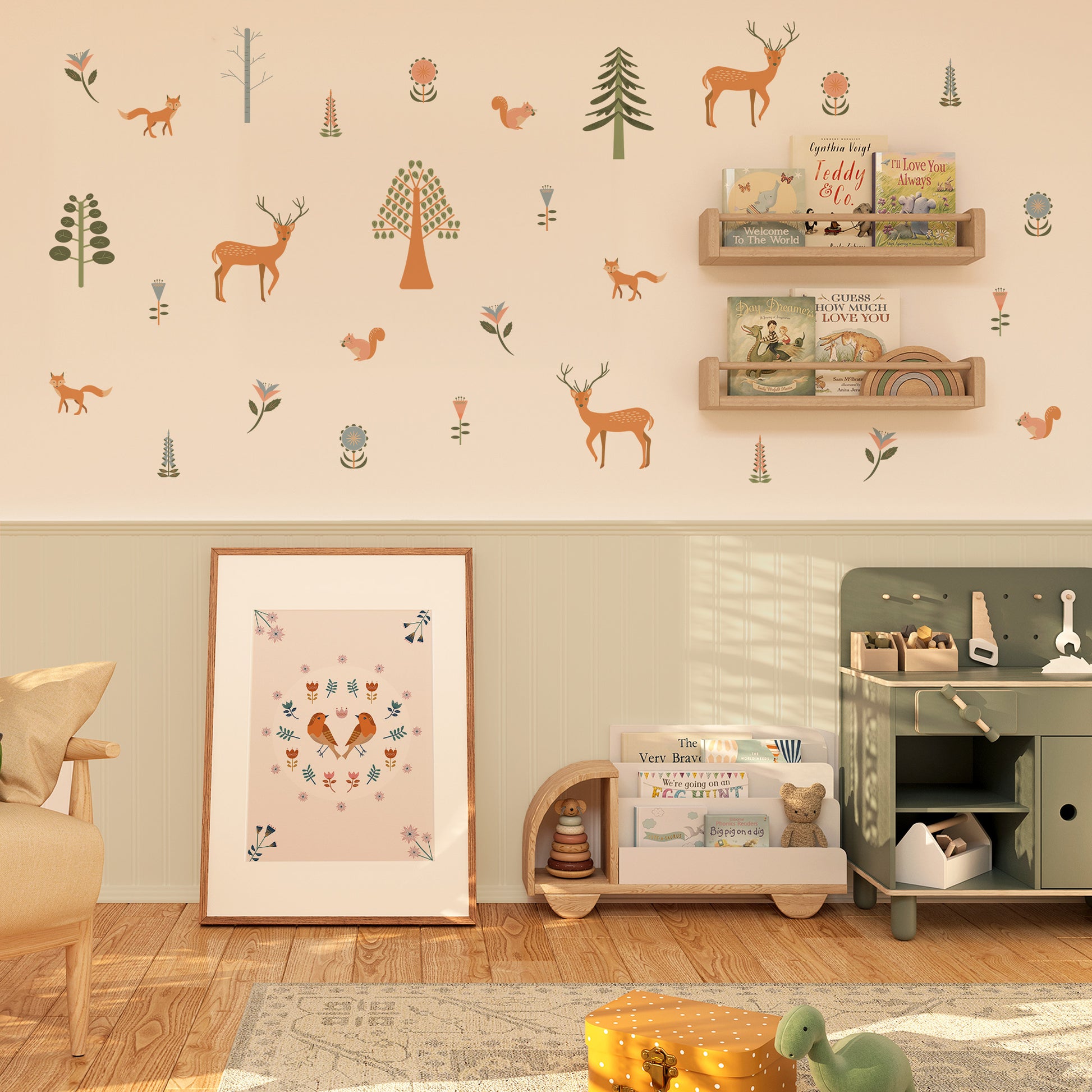 Deer and fox wall stickers in Japandi style – non-toxic and renter-friendly