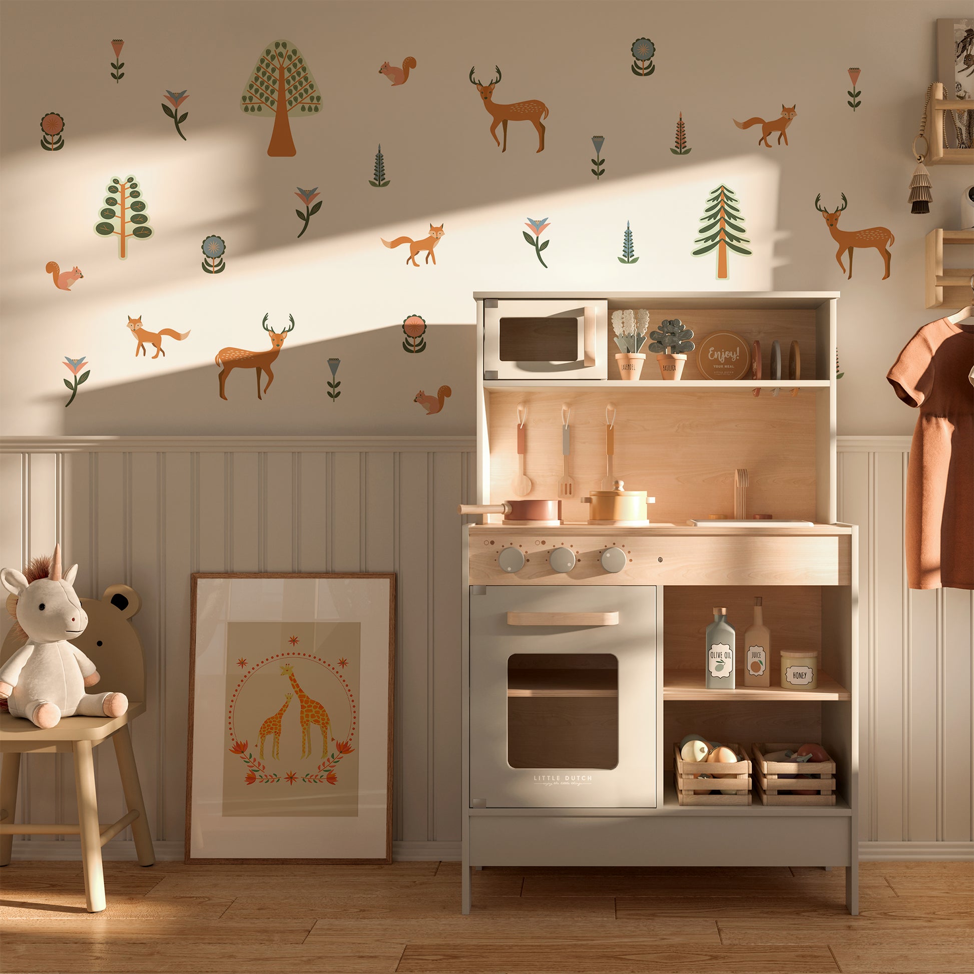Deer and fox wall stickers in Japandi style – non-toxic and renter-friendly