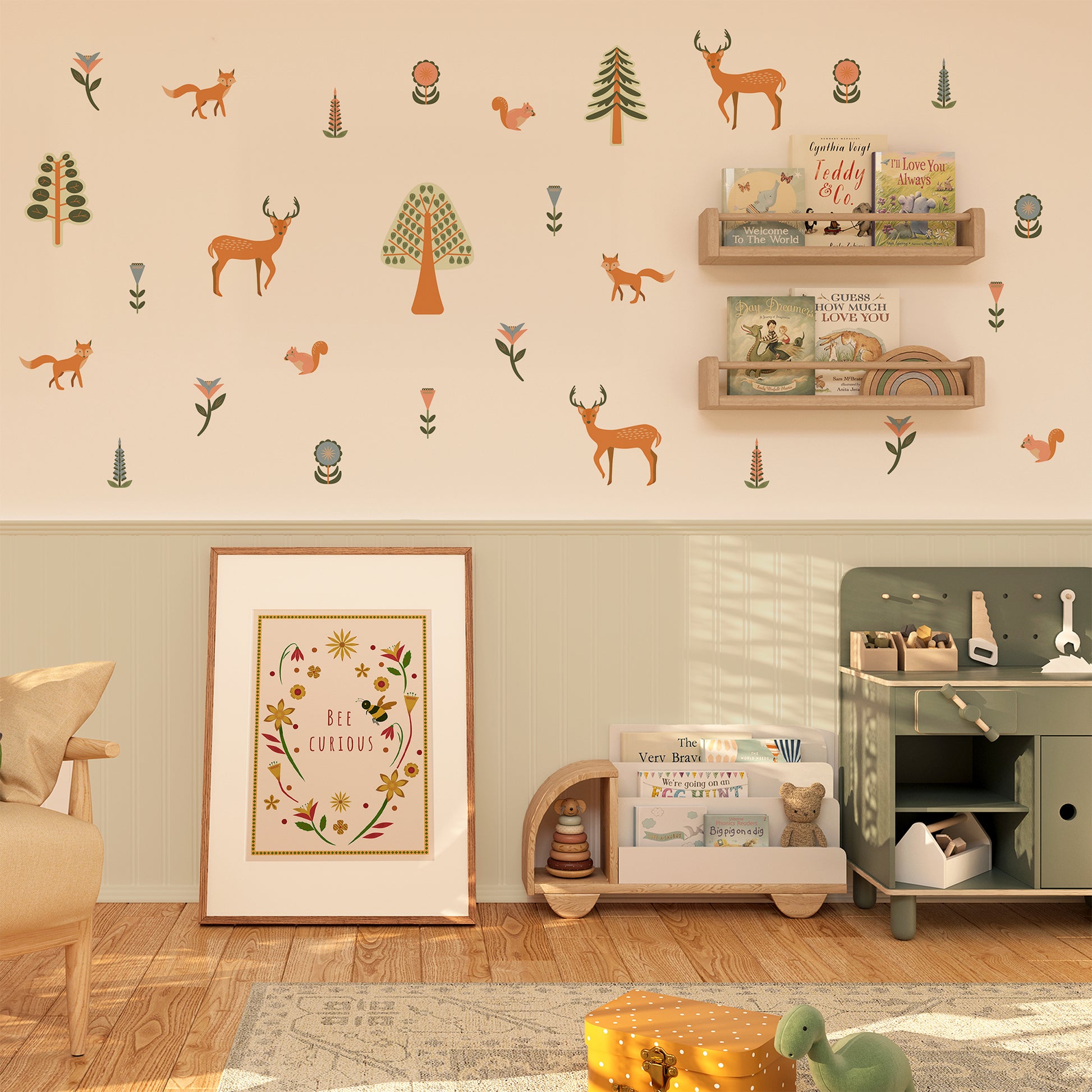 Deer and fox wall stickers in Japandi style – non-toxic and renter-friendly