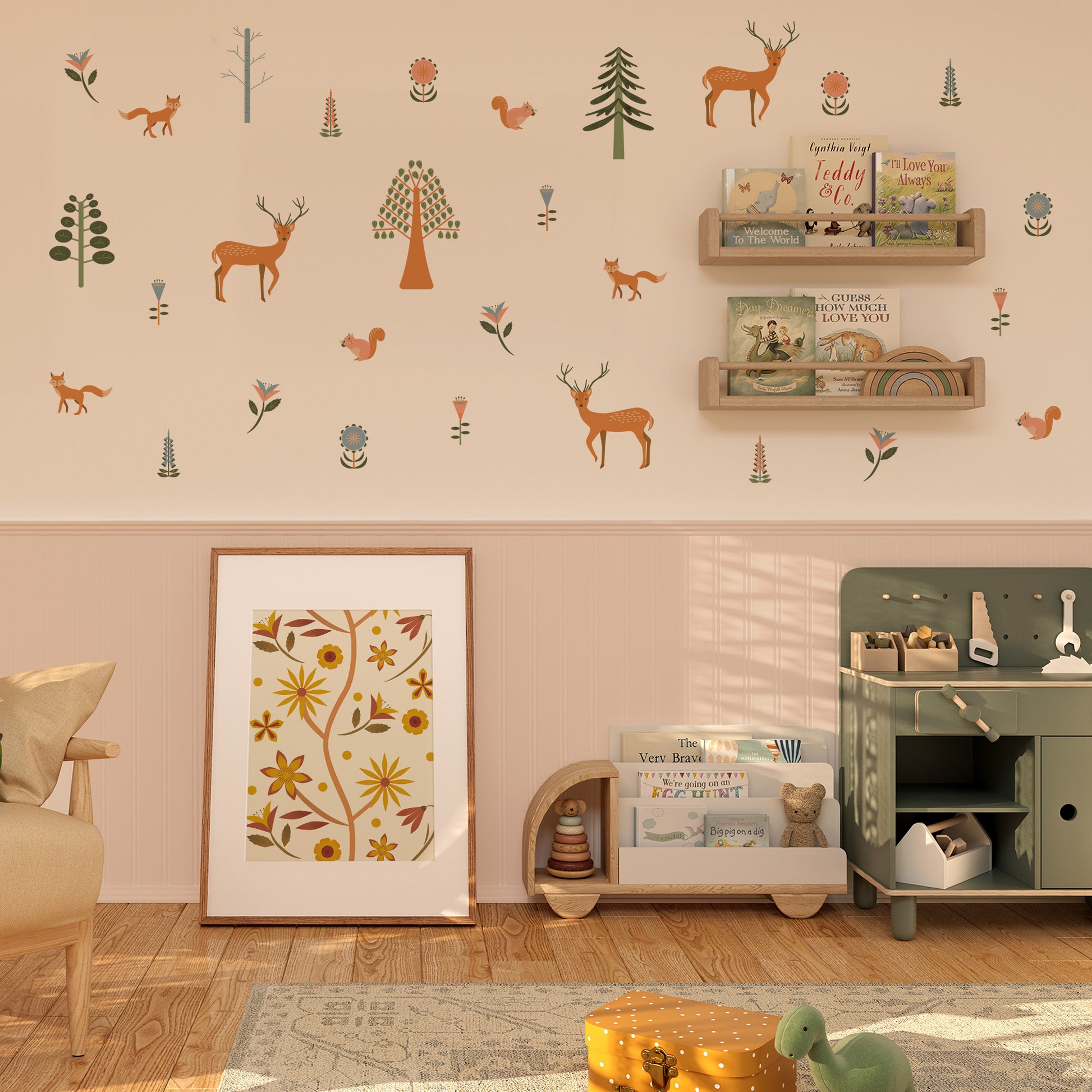 Deer and fox wall stickers in Japandi style – non-toxic and renter-friendly