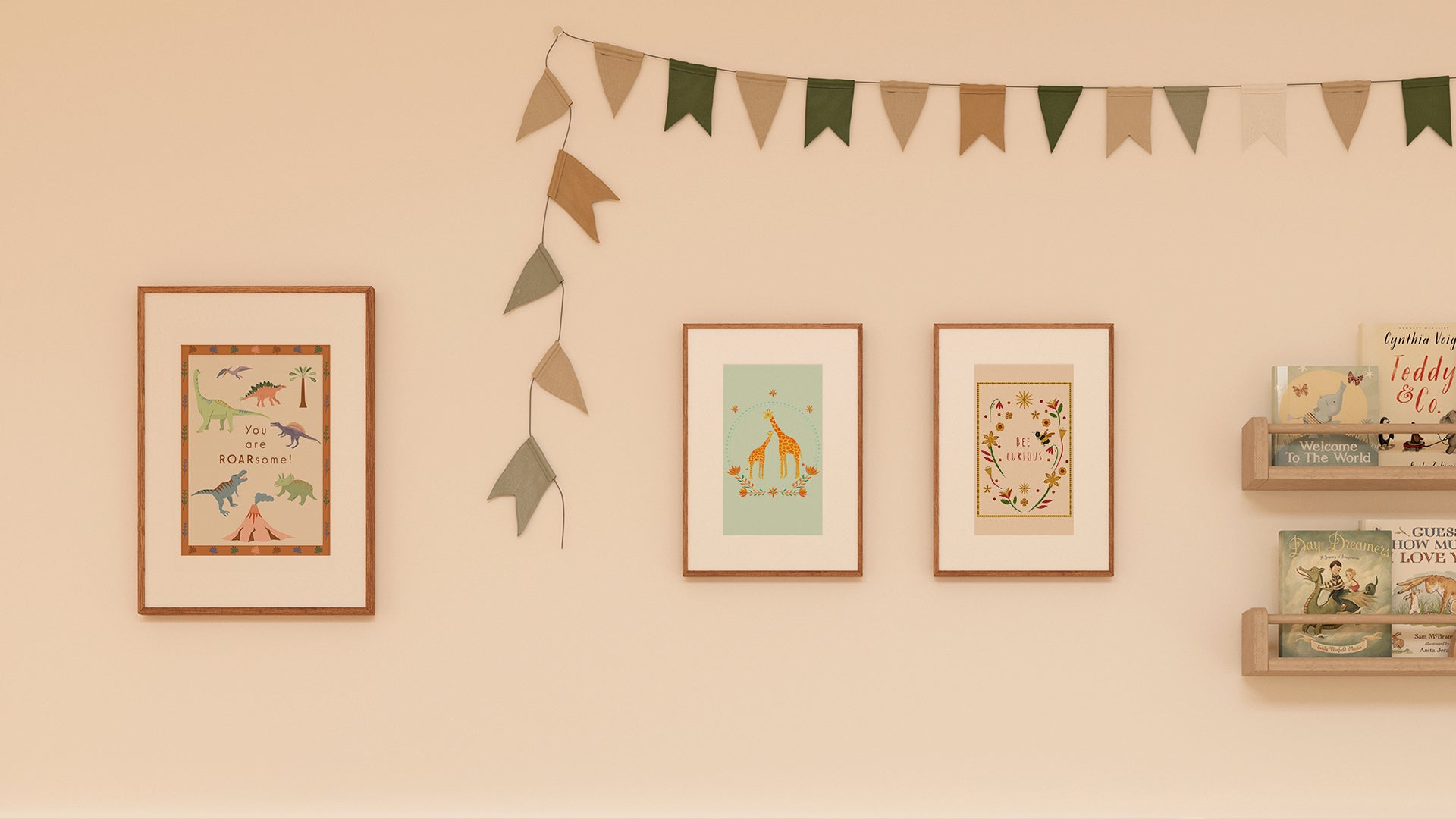 Eco-friendly storybook-style wall art for children’s rooms, earth-toned.