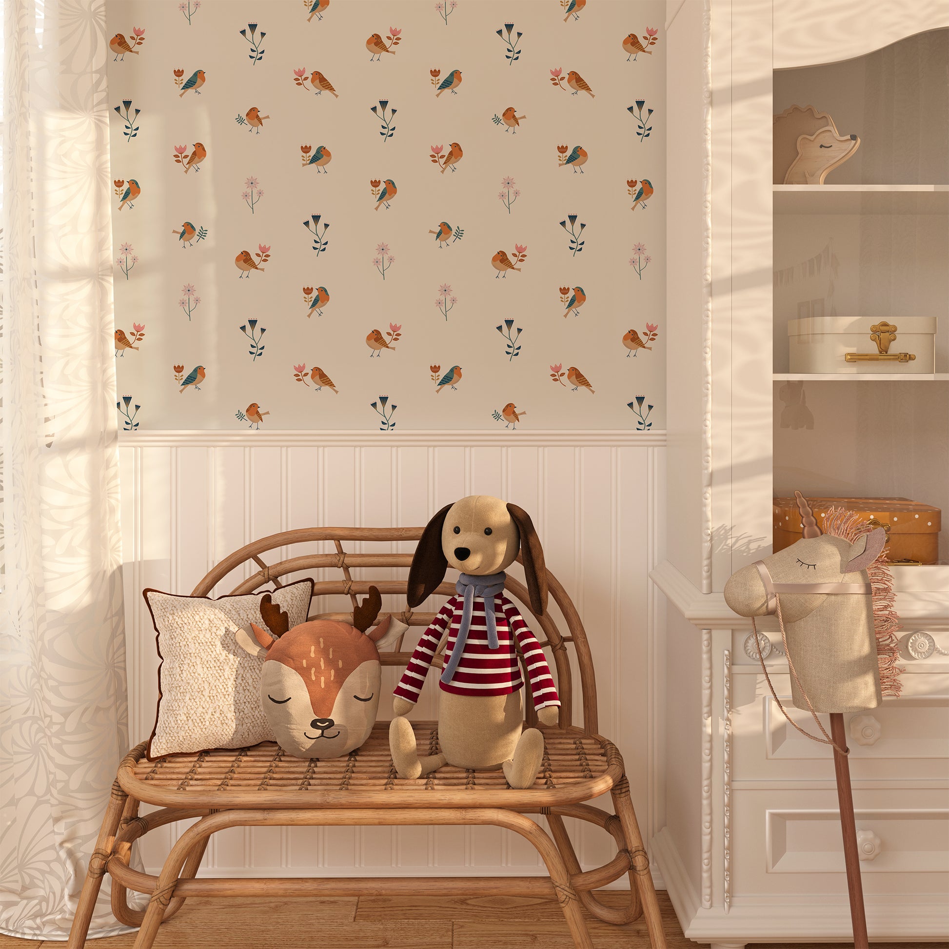 Soft woodland robin design for children's rooms