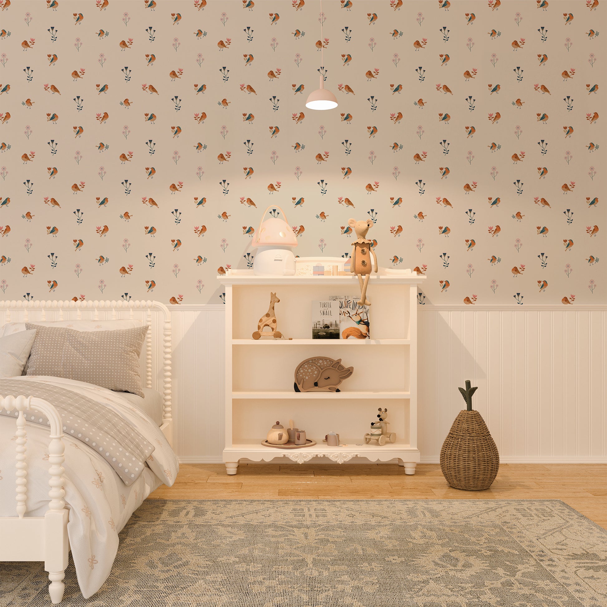 Nordic storybook-style children's room with whimsical wallpaper