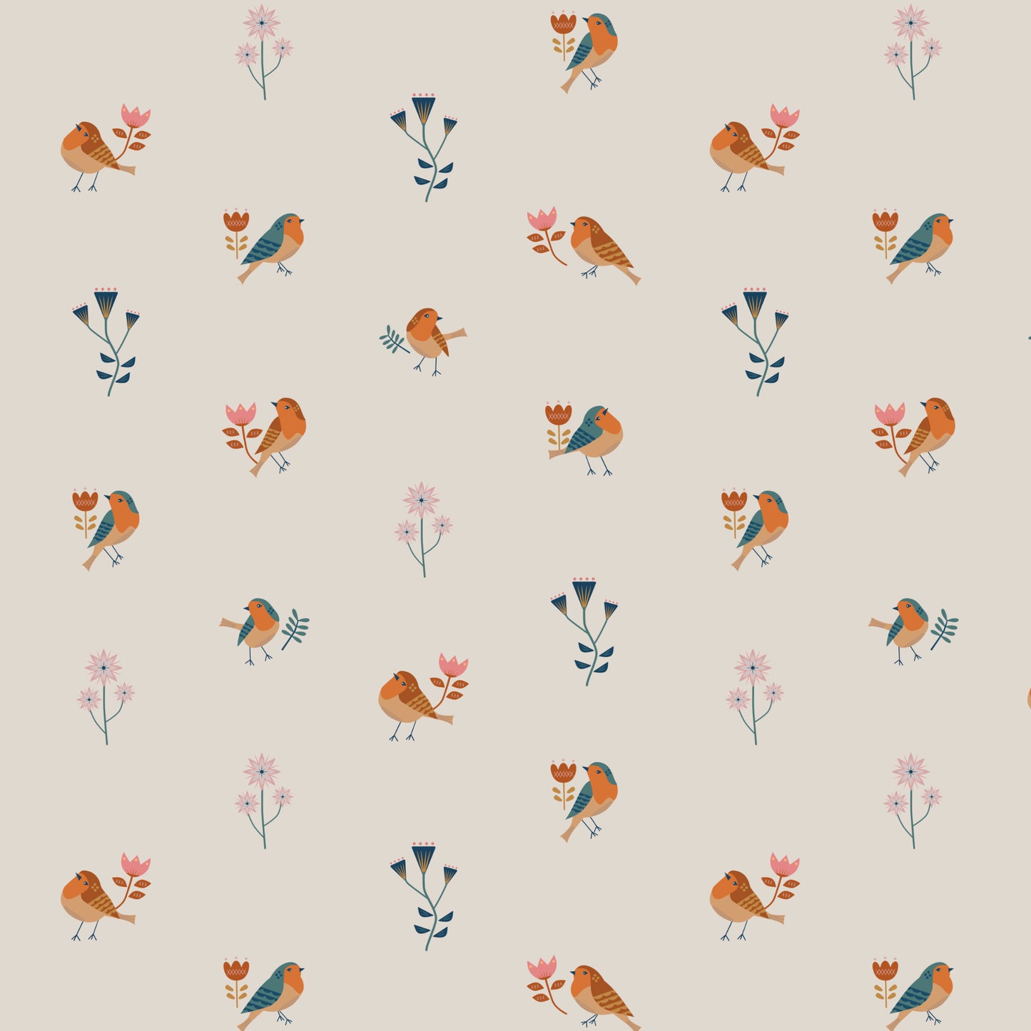 Illustrated robin bird wallpaper pattern