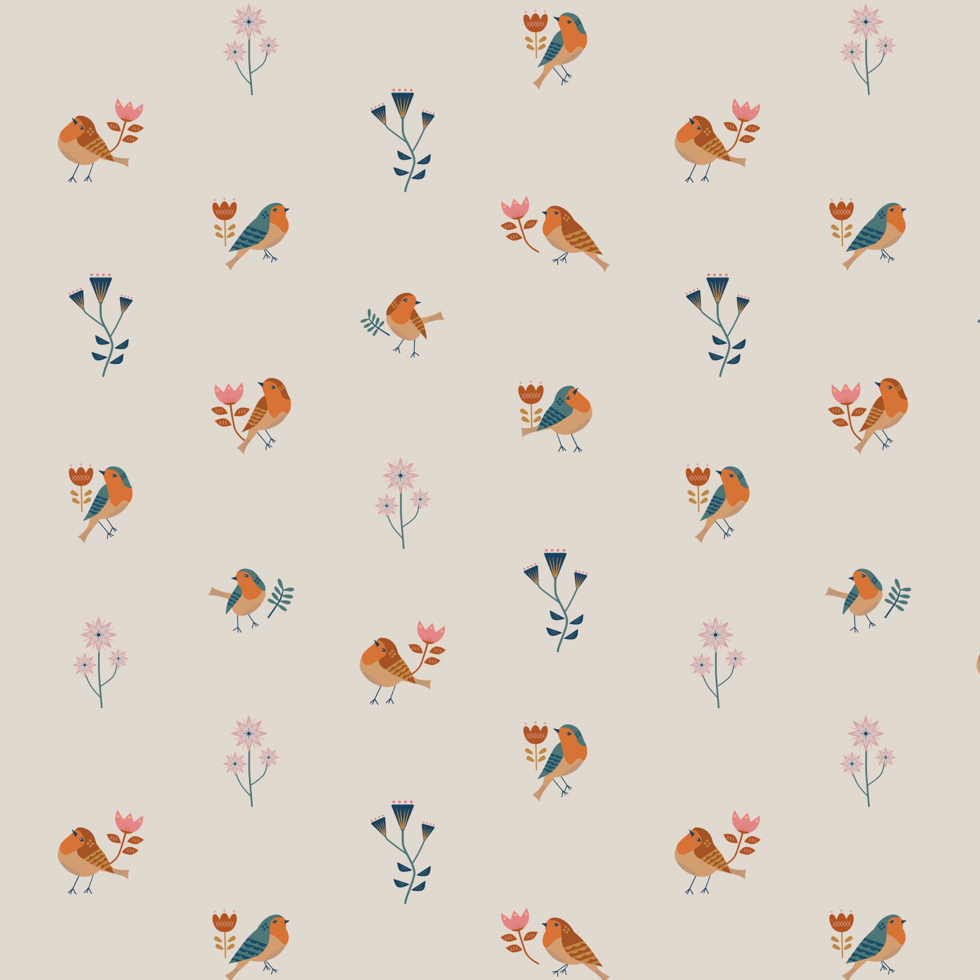 Illustrated robin bird wallpaper pattern