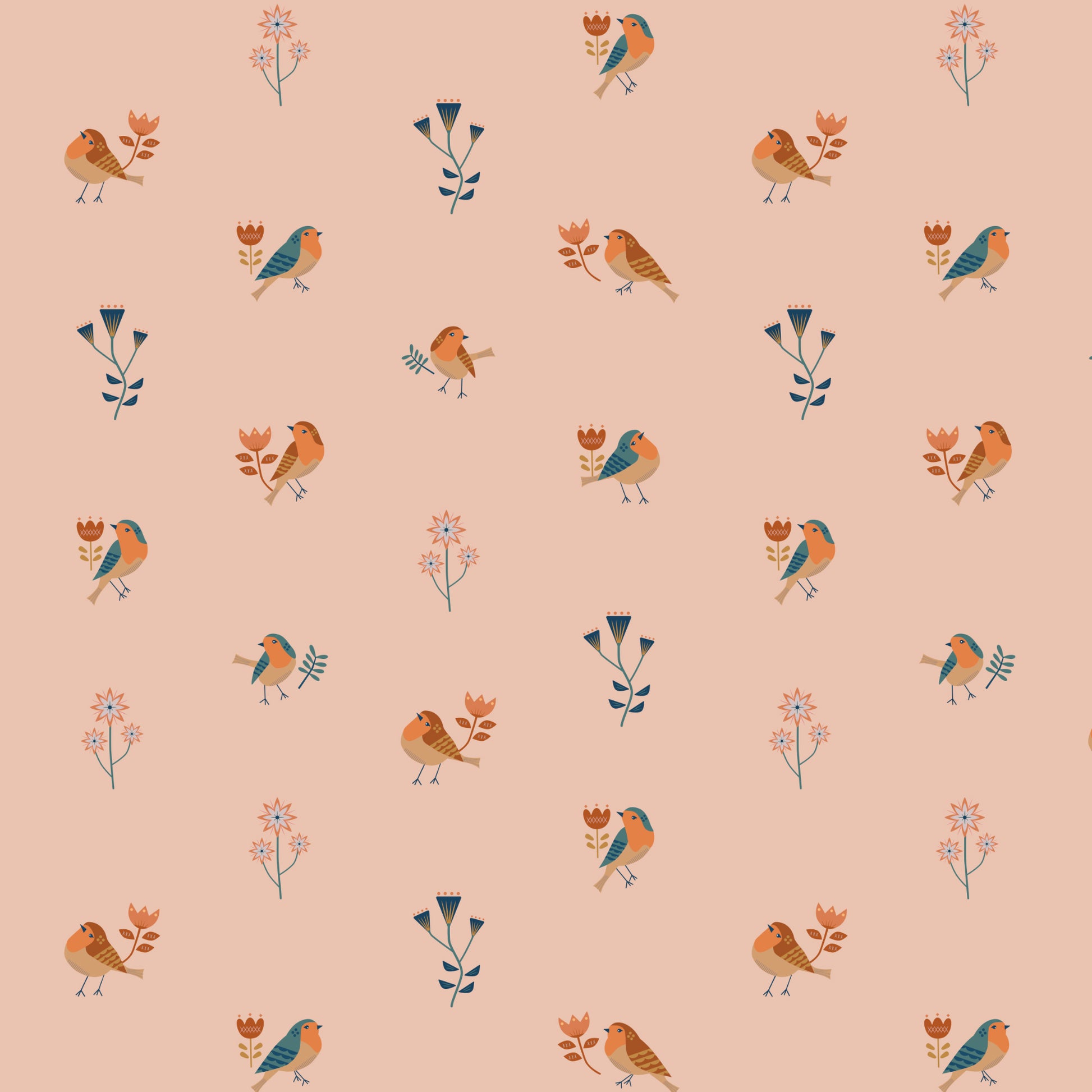 Illustrated robin bird wallpaper pattern